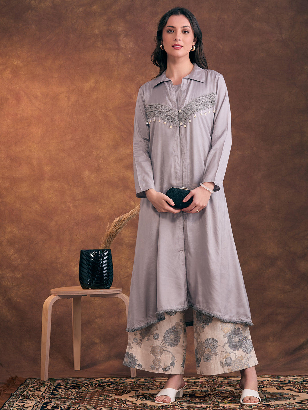 Solid A-Line Flared Kurta with Floral Printed Palazzo - Grey