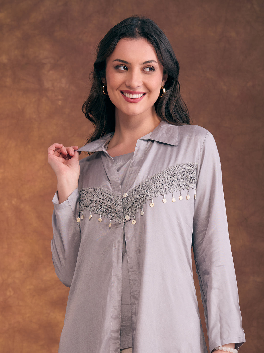 Solid A-Line Flared Kurta with Floral Printed Palazzo - Grey