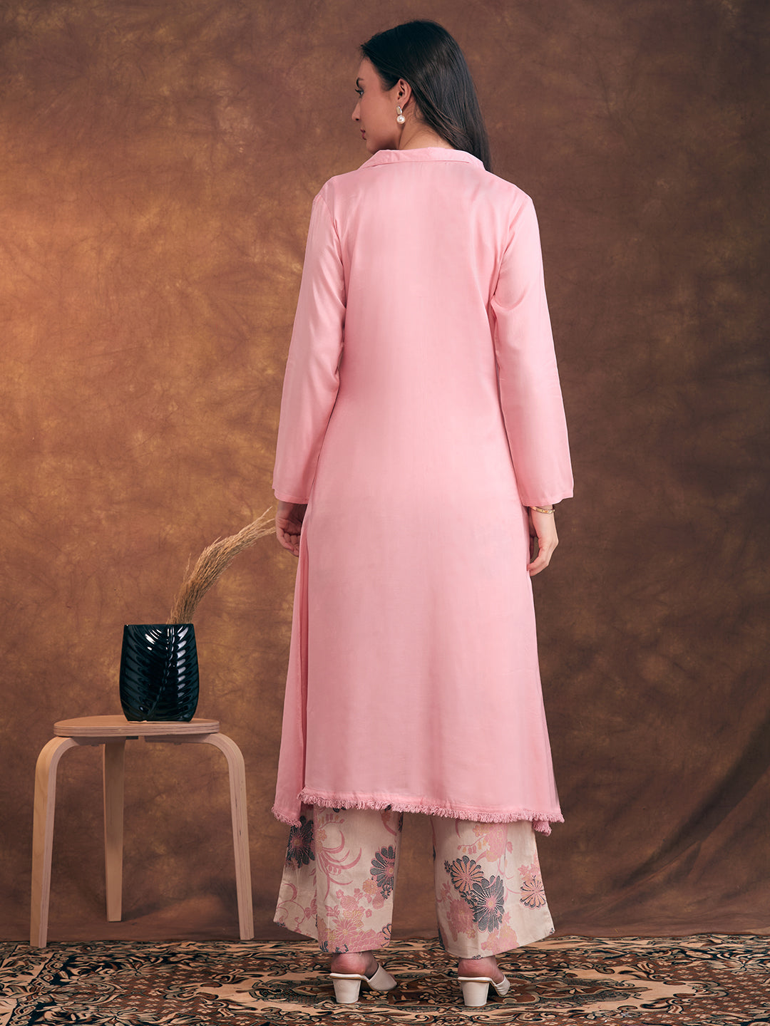 Solid A-Line Flared Kurta with Floral Printed Palazzo - Pink