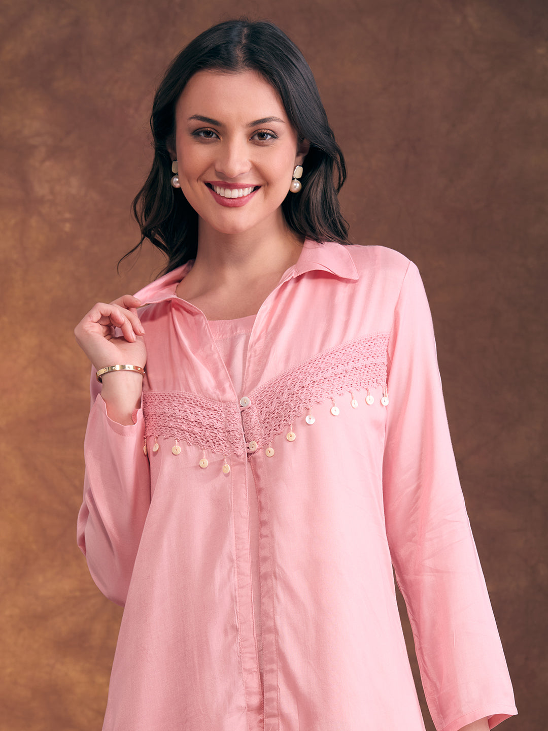 Solid A-Line Flared Kurta with Floral Printed Palazzo - Pink