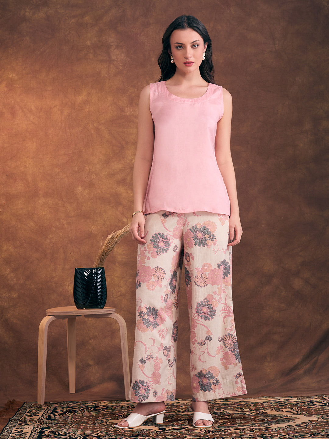 Solid A-Line Flared Kurta with Floral Printed Palazzo - Pink