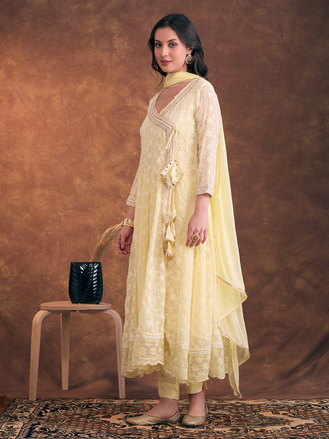Solid Floral Chikankari Embroidered Anarkali Flared Kurta with Pant and Dupatta - Light Yellow
