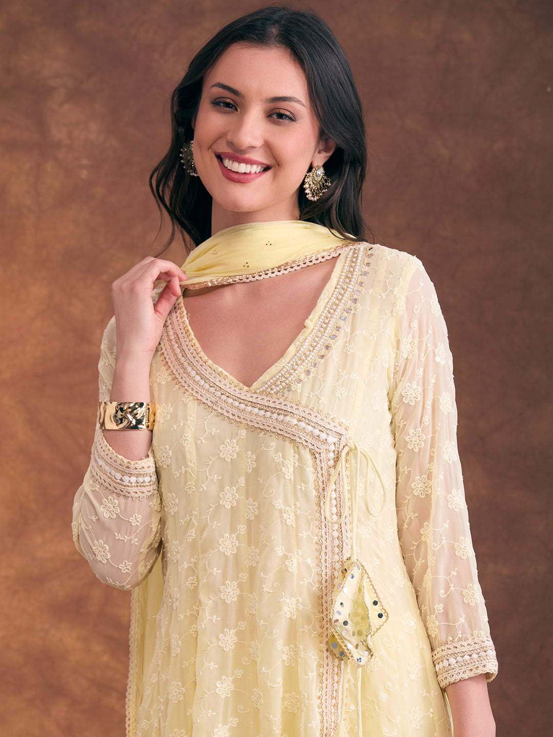 Solid Floral Chikankari Embroidered Anarkali Flared Kurta with Pant and Dupatta - Light Yellow