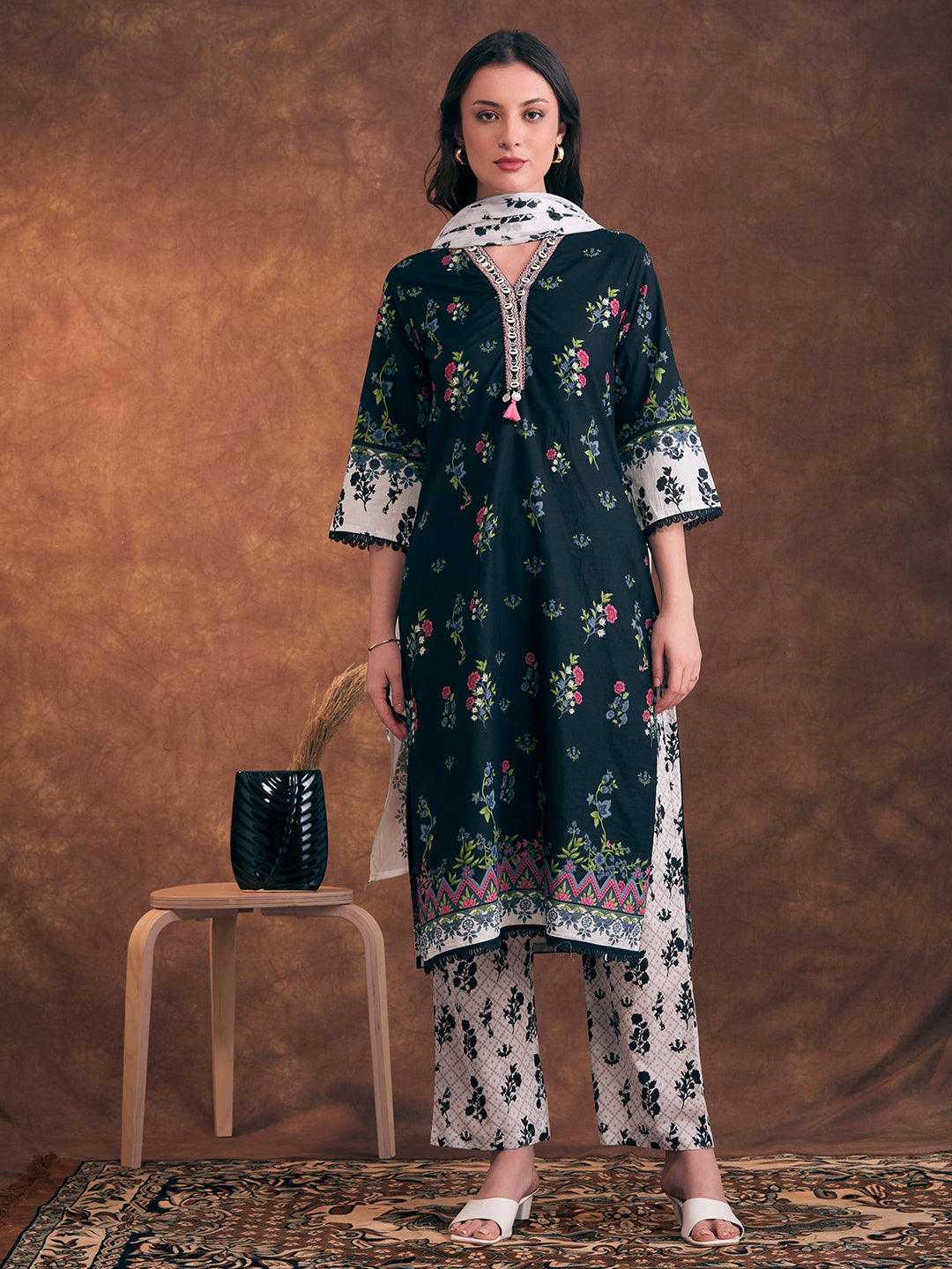 Ethnic Floral Printed & Embroidered A-Line Kurta with Palazzo & Dupatta - Black