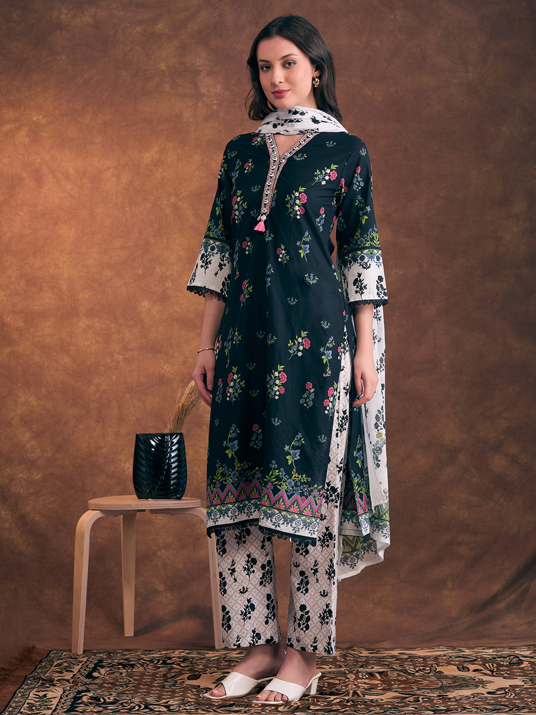 Ethnic Floral Printed & Embroidered A-Line Kurta with Palazzo & Dupatta - Black