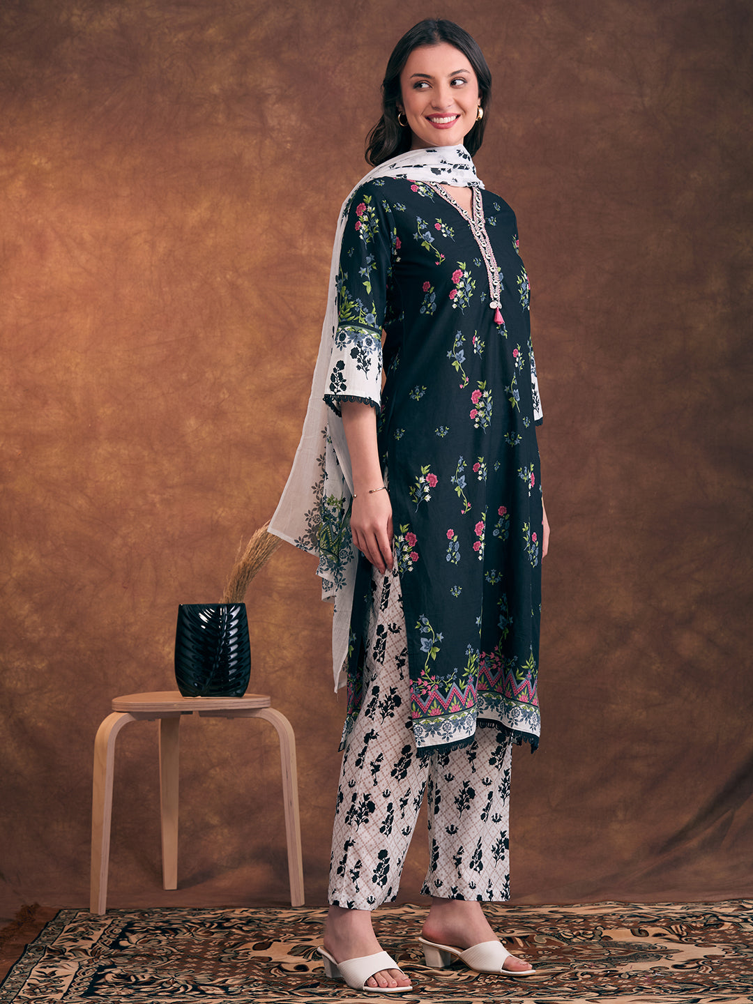 Ethnic Floral Printed & Embroidered A-Line Kurta with Palazzo & Dupatta - Black