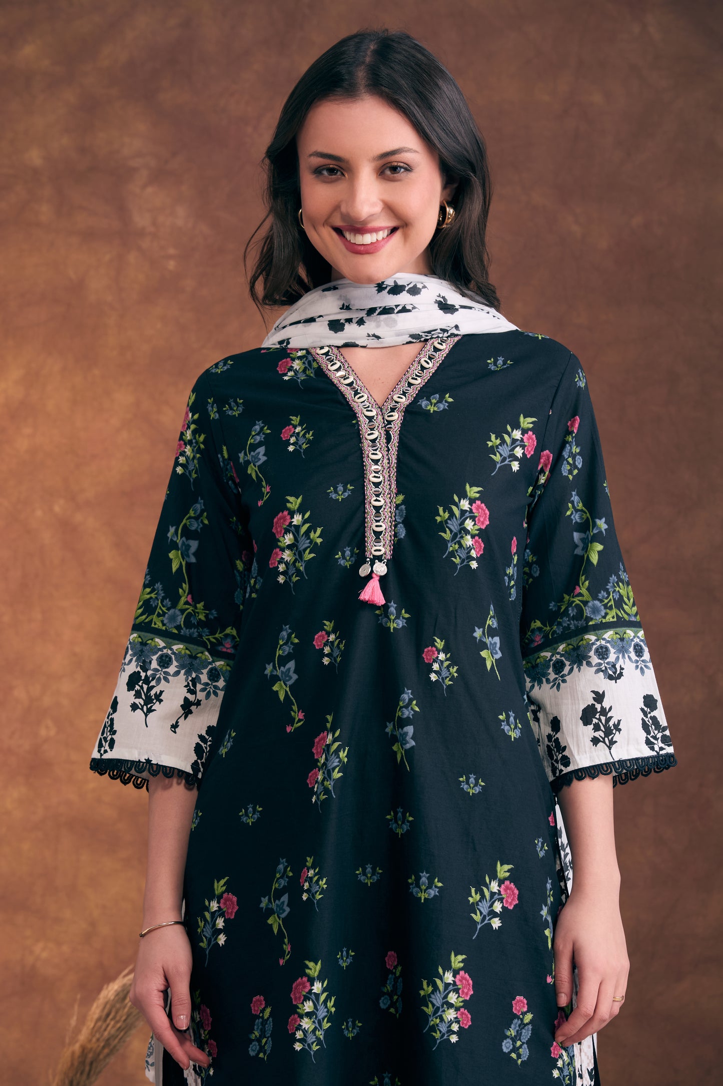 Ethnic Floral Printed & Embroidered A-Line Kurta with Palazzo & Dupatta - Black
