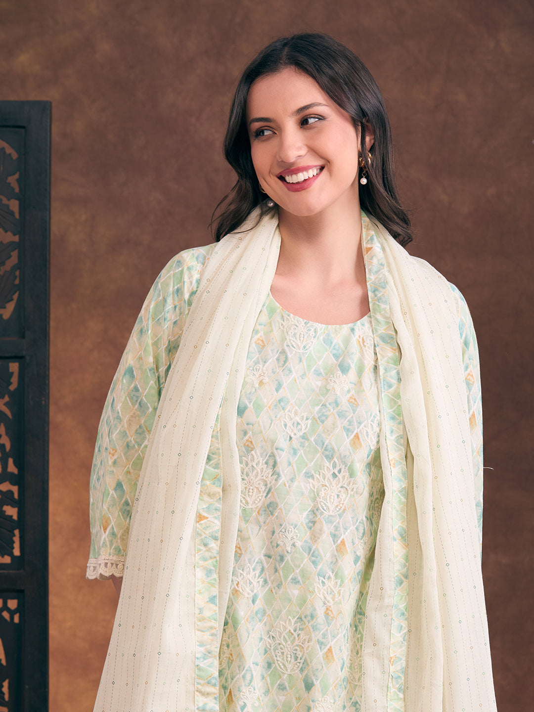 Ethnic Printed & Floral Embroidered Straight Fit Kurta with Pant and Dupatta - Light Green
