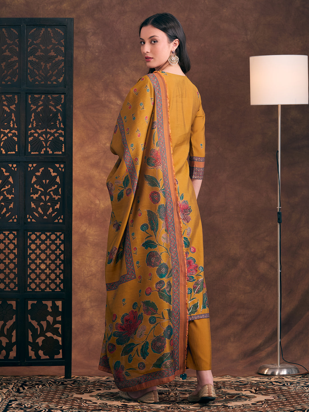 Abstract Floral Printed Embroidered Straight Fit Kurta with Palazzo and Dupatta - Mustard