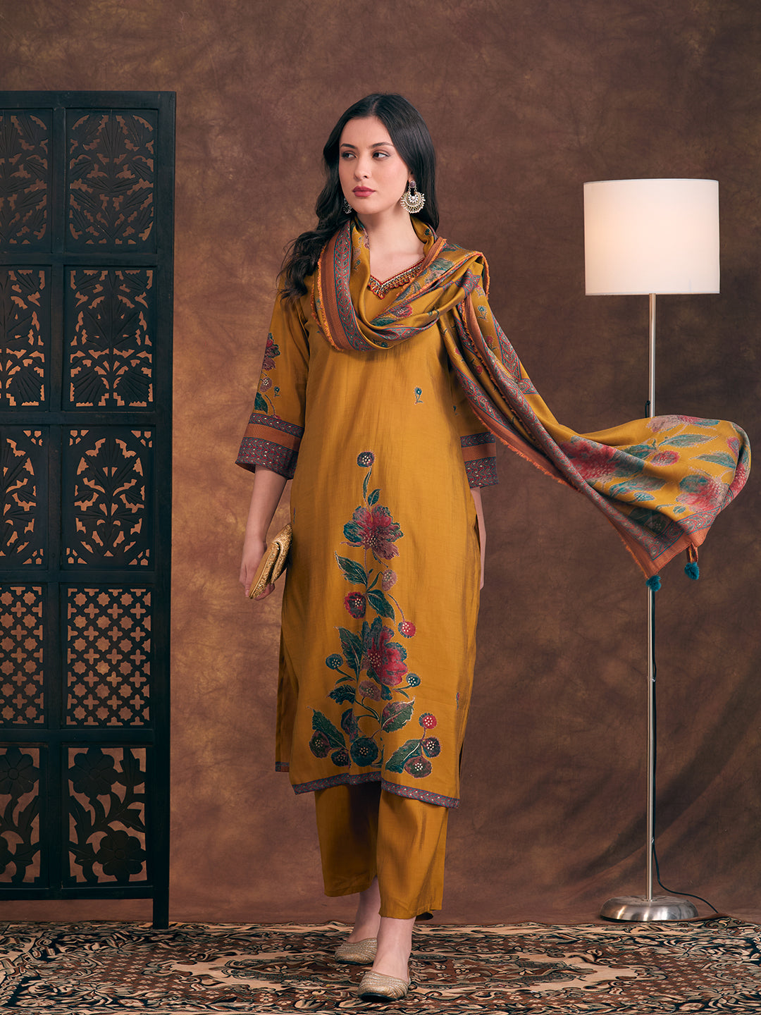 Abstract Floral Printed Embroidered Straight Fit Kurta with Palazzo and Dupatta - Mustard