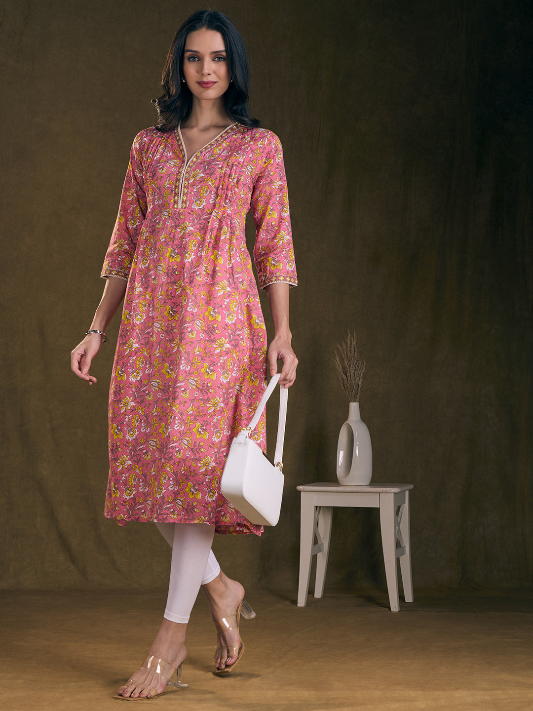 Ethnic Floral Printed A-Line Pin Tucked Kurta - Pink