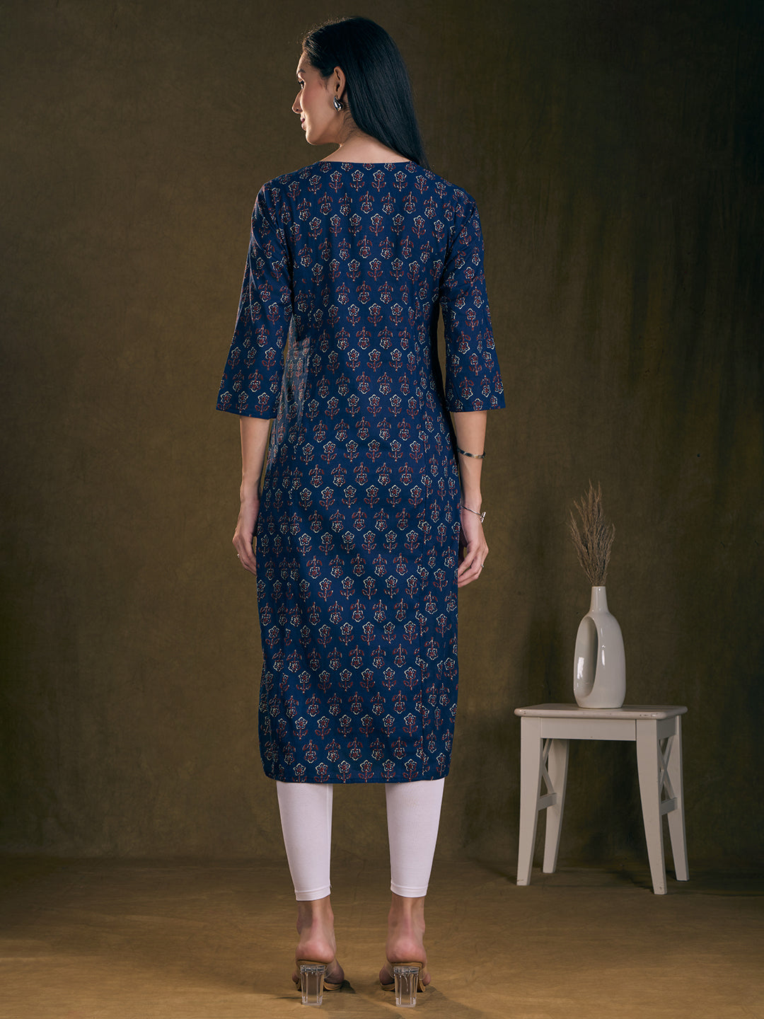 Ethnic Floral Printed & Embroidered A-Line Kurta - Blue
