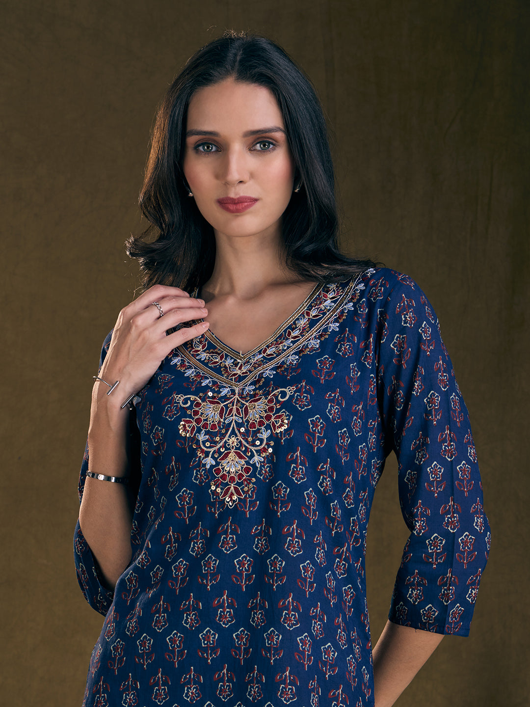 Ethnic Floral Printed & Embroidered A-Line Kurta - Blue