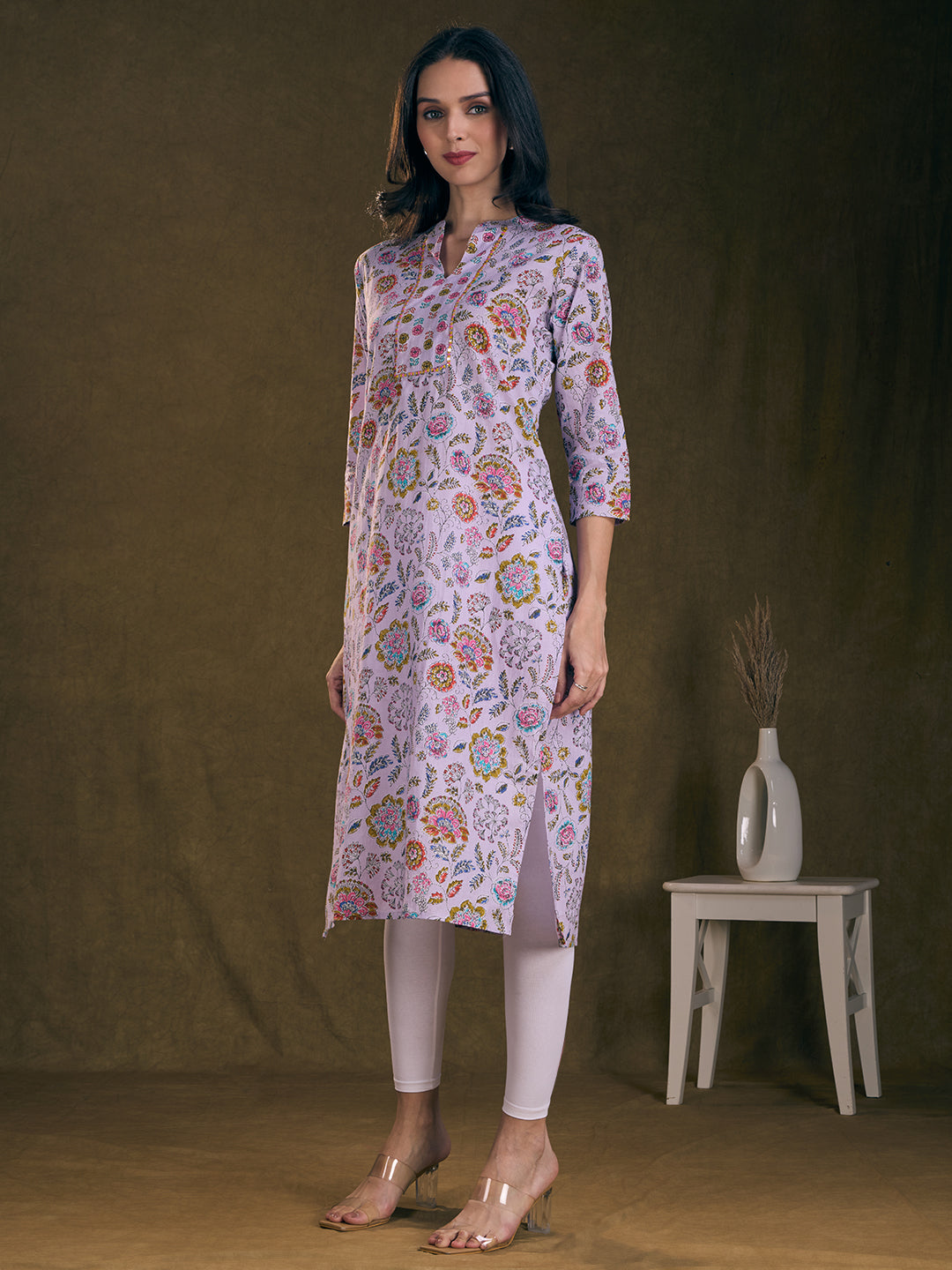Floral Printed & Mirror Embroidered Straight Fit Kurta - Lavender