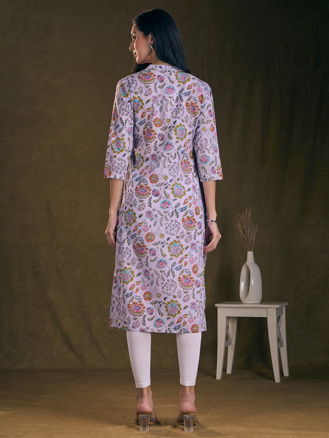 Floral Printed & Mirror Embroidered Straight Fit Kurta - Lavender