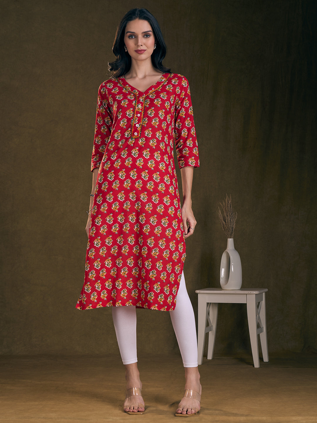 Floral Printed & Mirror Embroidered Straight Fit Kurta - Red