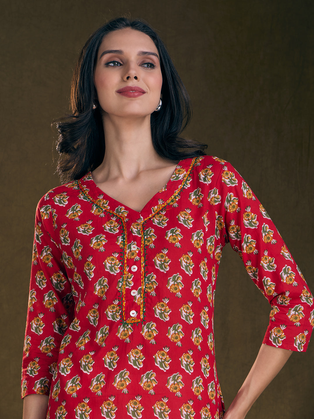 Floral Printed & Mirror Embroidered Straight Fit Kurta - Red