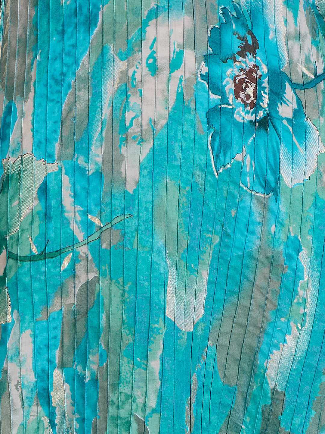 Abstract Floral Foil Printed & Embroidered Straight Fit Pin Tucked Kurta - Turquoise Blue