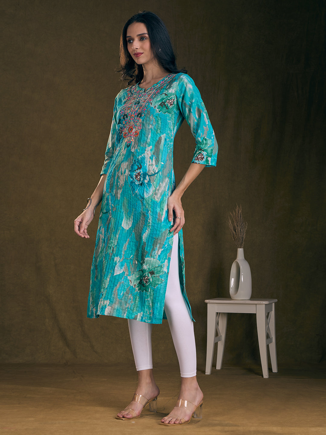 Abstract Floral Foil Printed & Embroidered Straight Fit Pin Tucked Kurta - Turquoise Blue