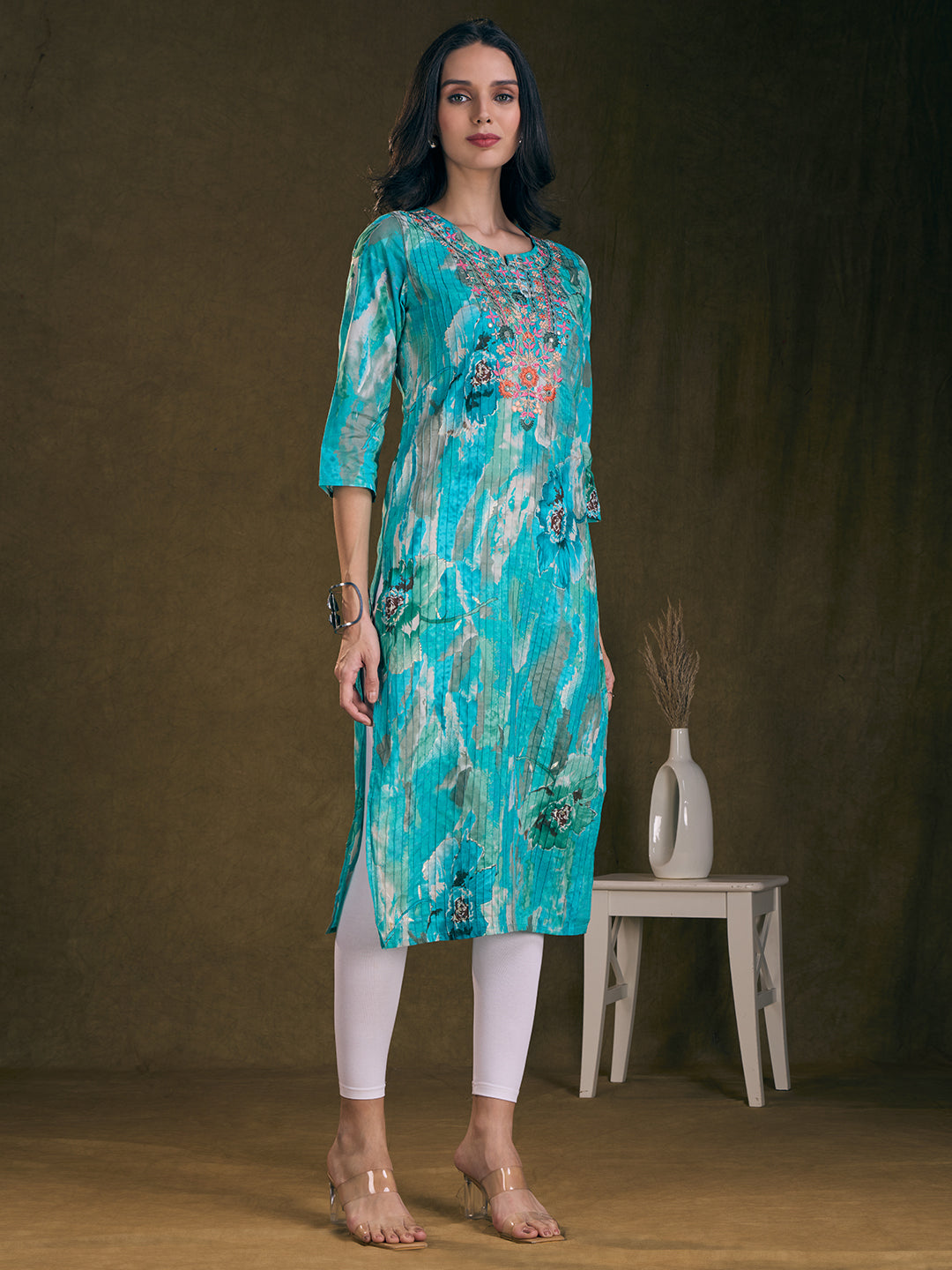 Abstract Floral Foil Printed & Embroidered Straight Fit Pin Tucked Kurta - Turquoise Blue