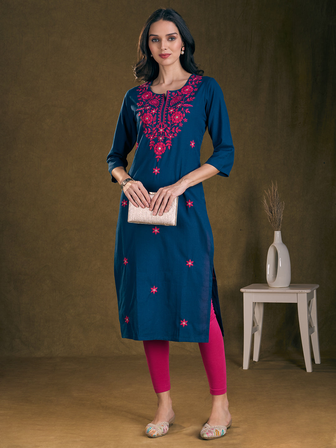 Solid Floral Chikankari Embroidered Straight Fit Kurta - Navy Blue