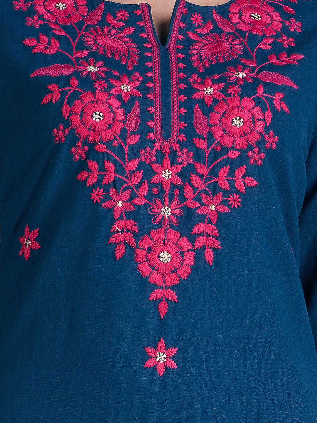 Solid Floral Chikankari Embroidered Straight Fit Kurta - Navy Blue