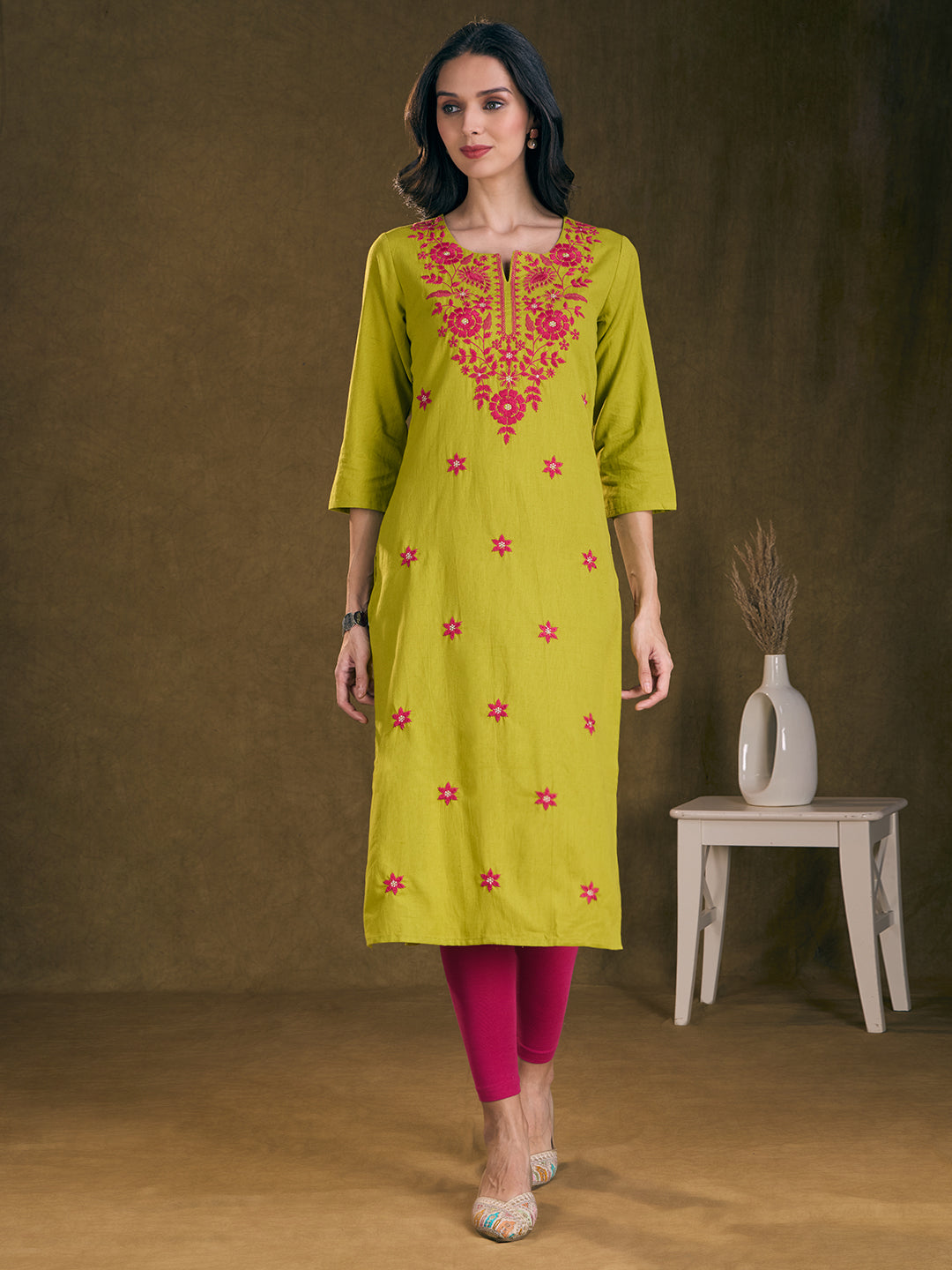 Solid Floral Chikankari Embroidered Straight Fit Kurta - Mustard Green