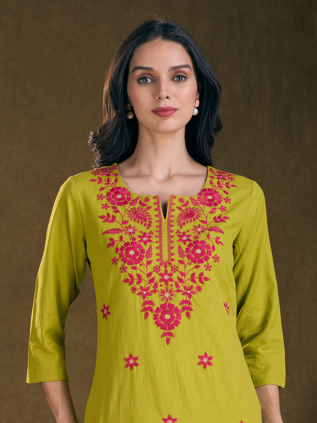 Solid Floral Chikankari Embroidered Straight Fit Kurta - Mustard Green