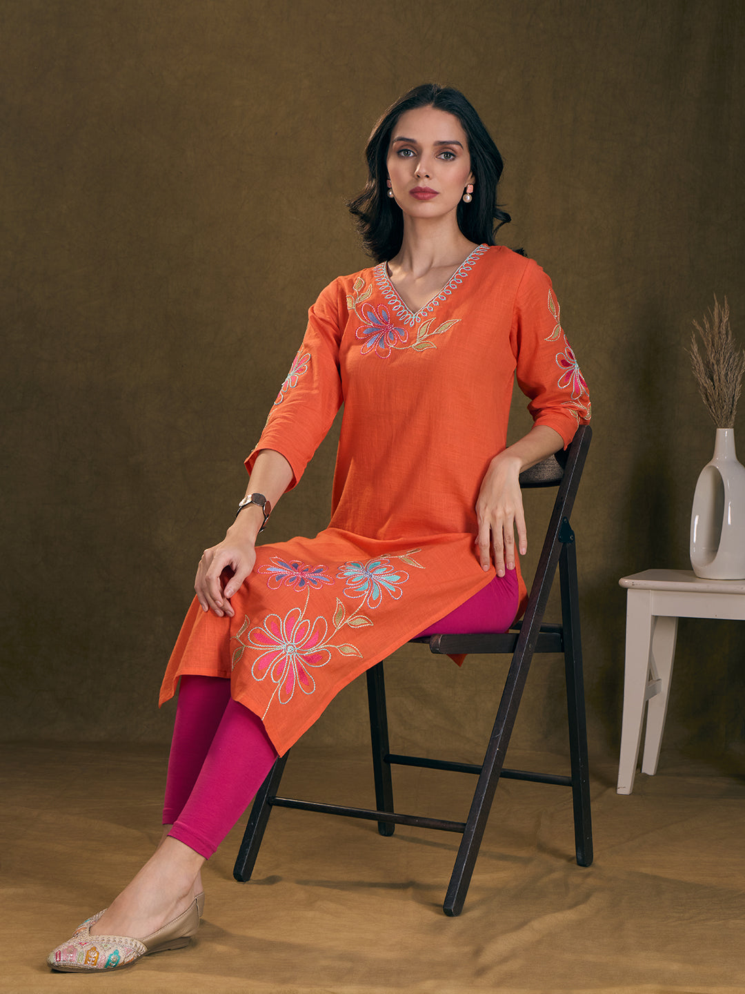 Floral Patchwork Embroidered A-Line Flared Kurta - Orange