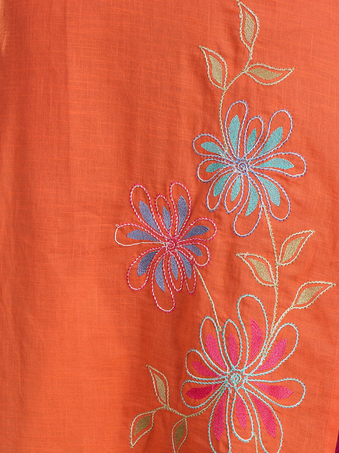 Floral Patchwork Embroidered A-Line Flared Kurta - Orange