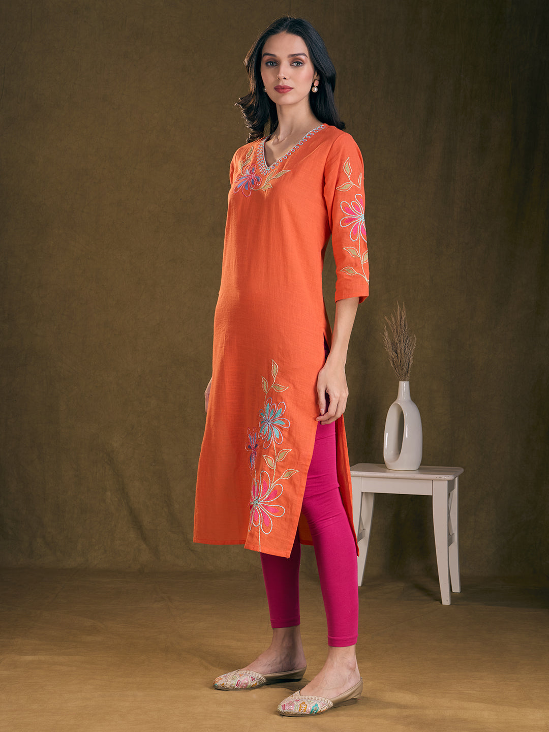 Floral Patchwork Embroidered A-Line Flared Kurta - Orange