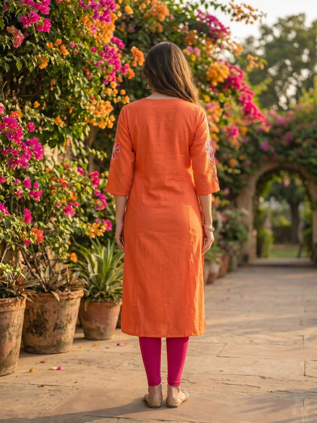 Floral Patchwork Embroidered A-Line Flared Kurta - Orange