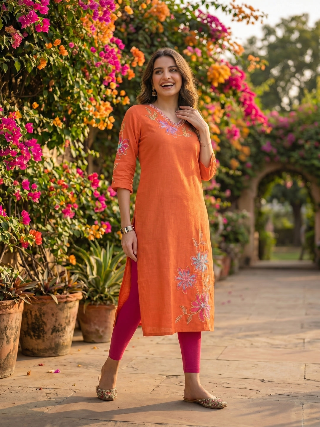 Floral Patchwork Embroidered A-Line Flared Kurta - Orange