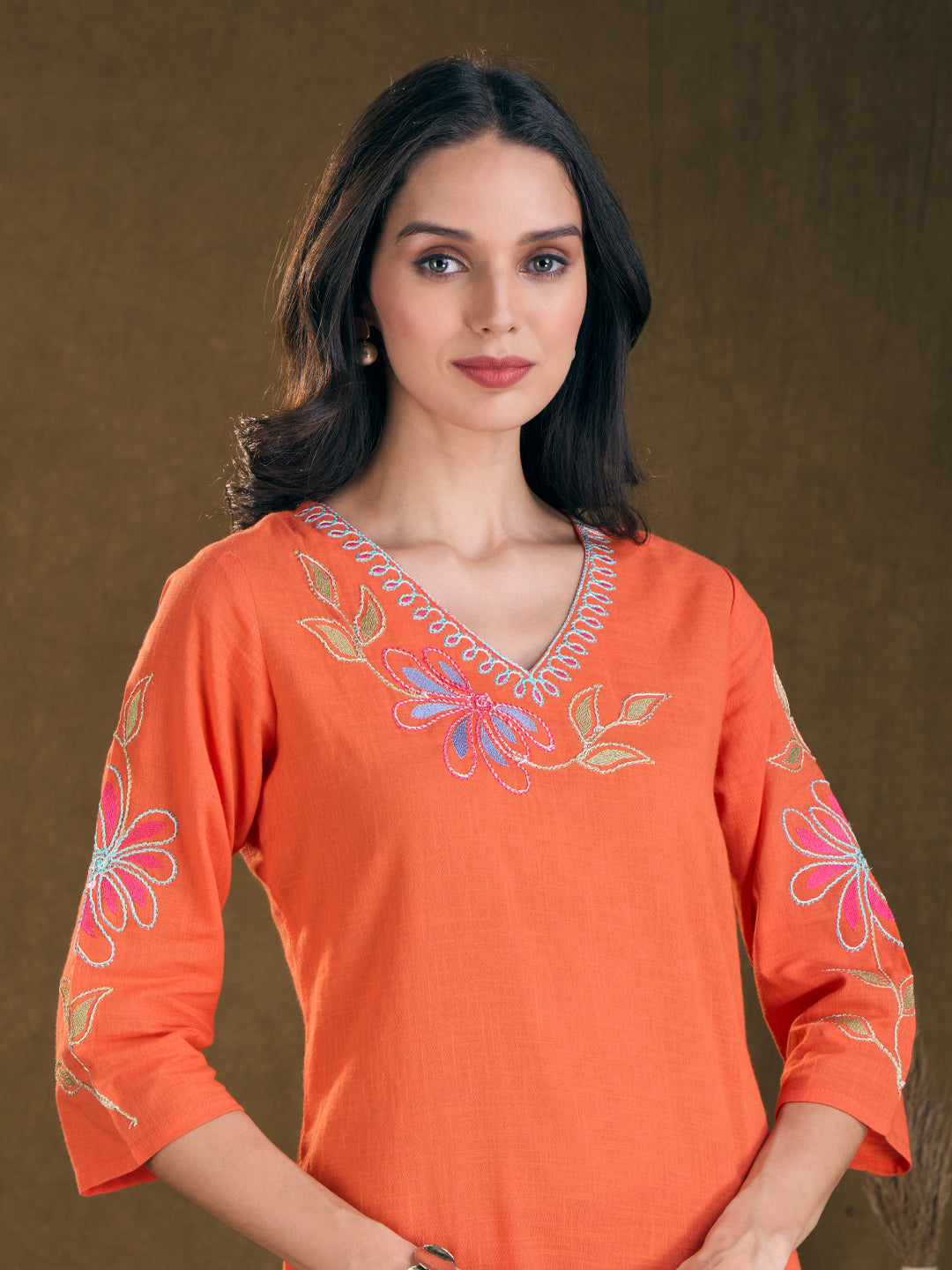 Floral Patchwork Embroidered A-Line Flared Kurta - Orange