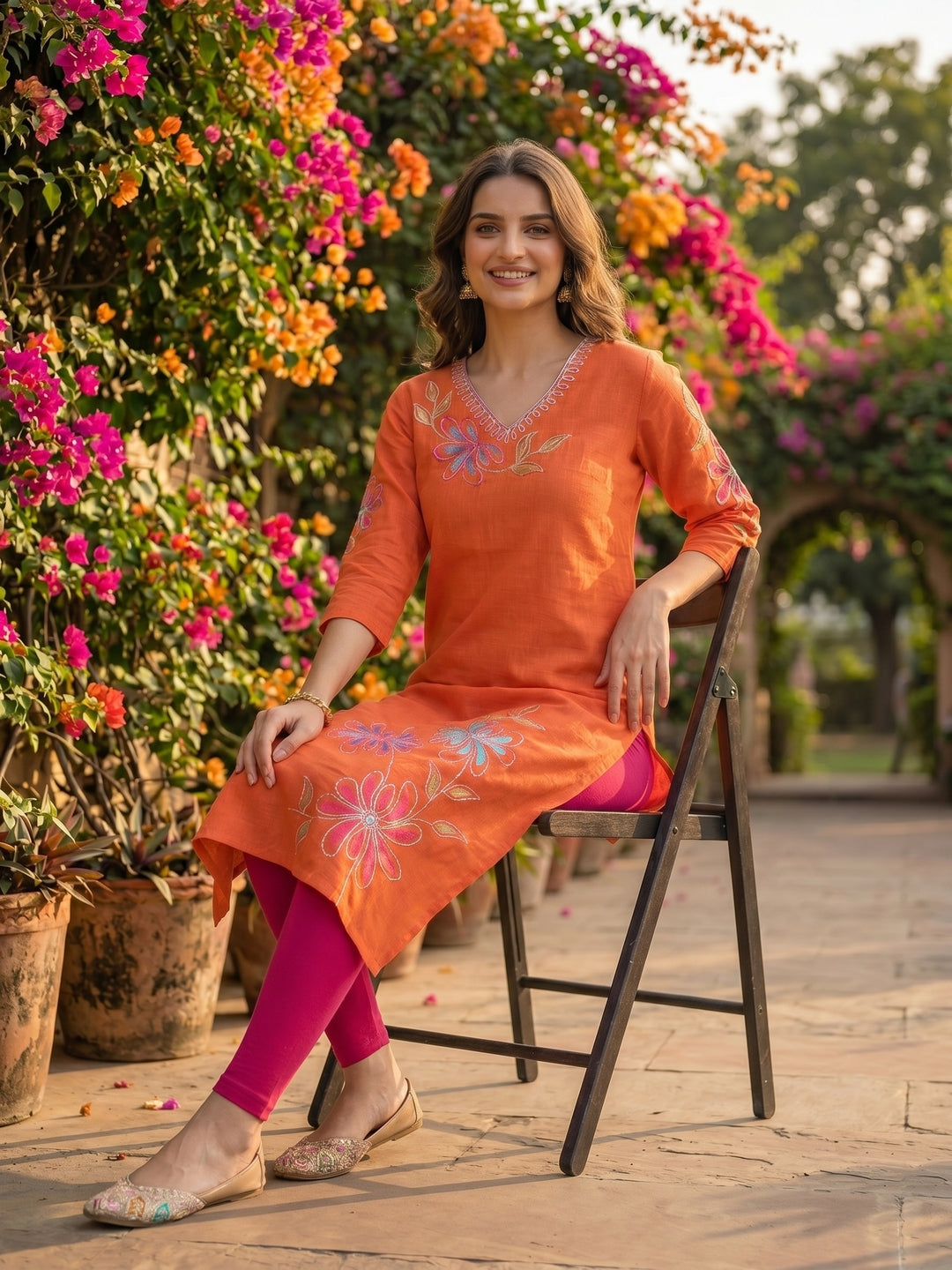 Floral Patchwork Embroidered A-Line Flared Kurta - Orange