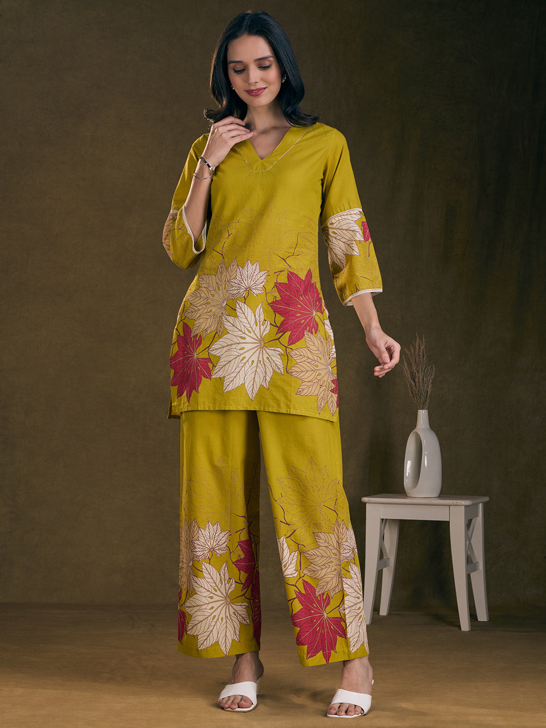 Abstract Floral Printed Straight Fit Co-ord Set - Lime Green