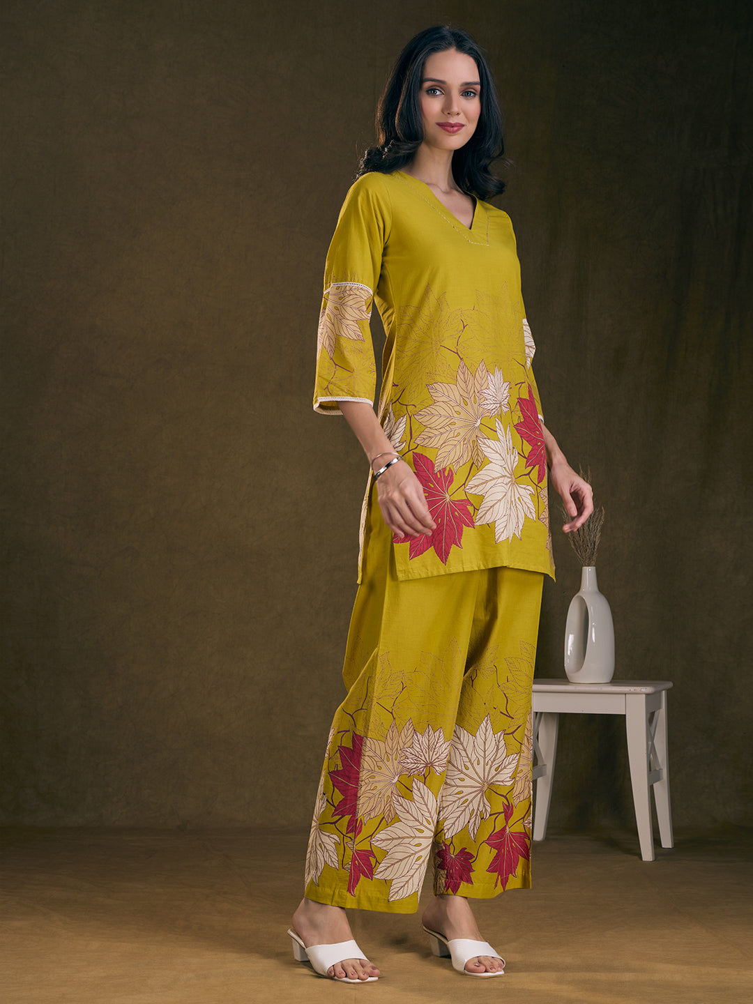 Abstract Floral Printed Straight Fit Co-ord Set - Lime Green