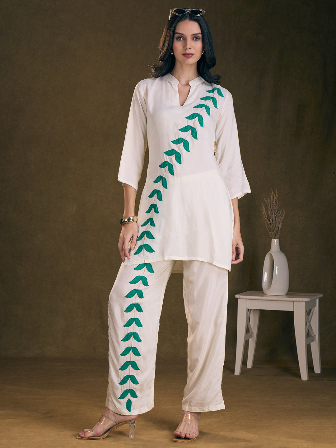 Solid Floral Patchwork Embroidered Straight Fit Co-ord Set - Off White