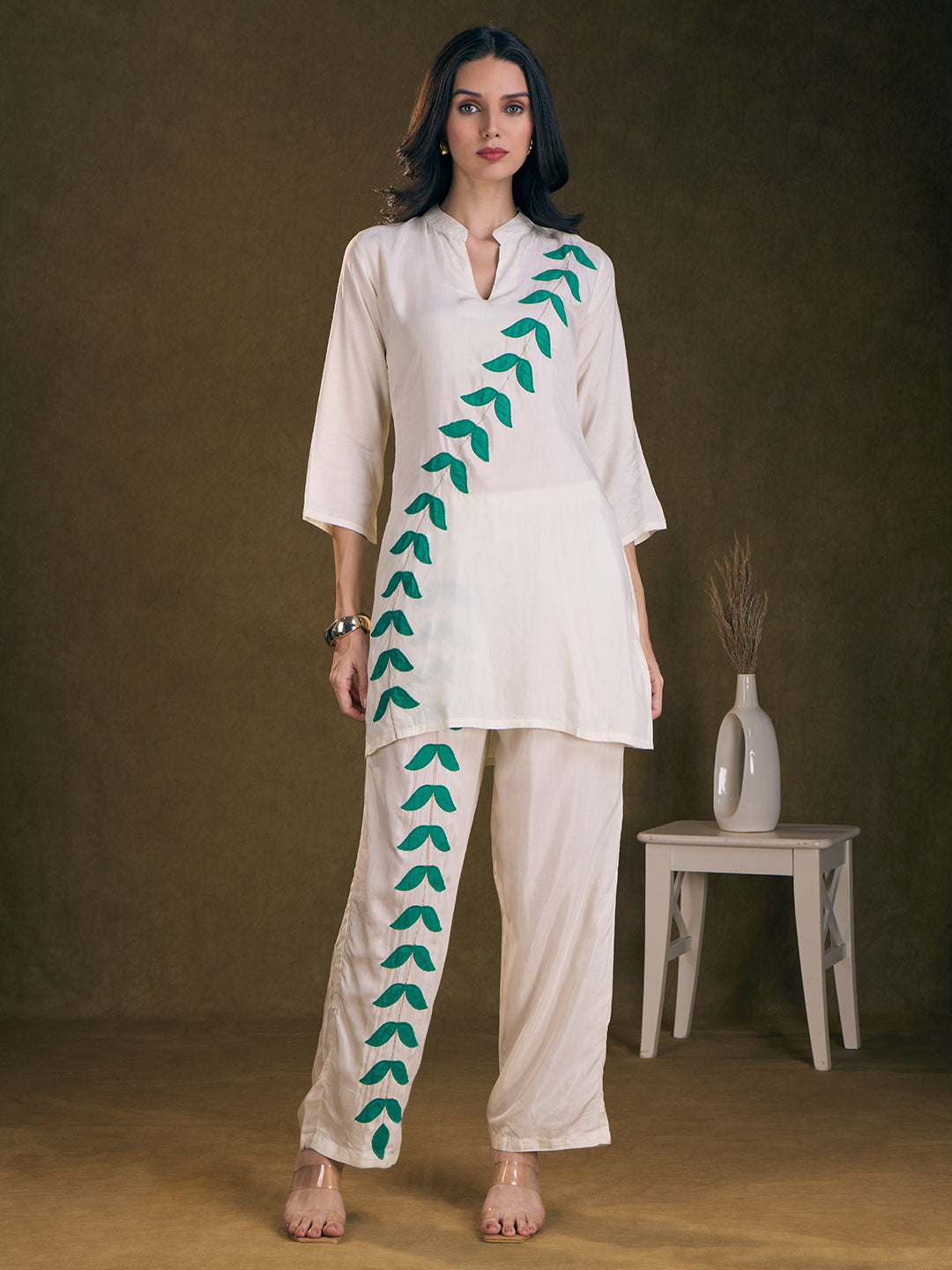 Solid Floral Patchwork Embroidered Straight Fit Co-ord Set - Off White