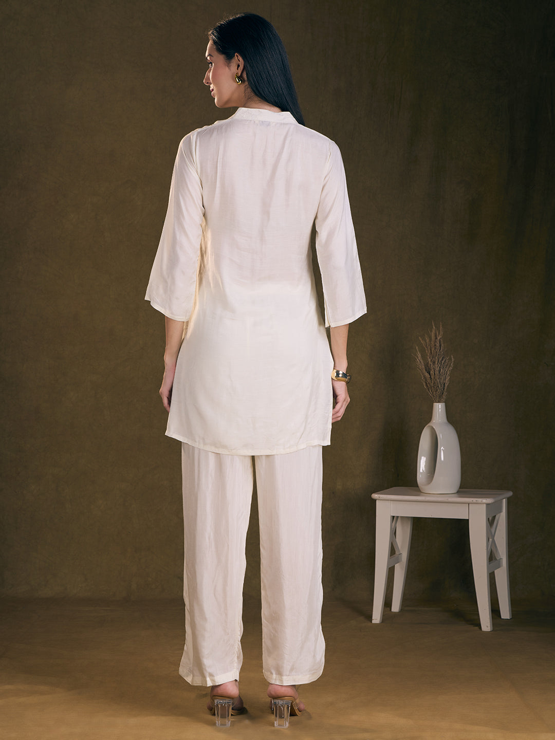 Solid Floral Patchwork Embroidered Straight Fit Co-ord Set - Off White