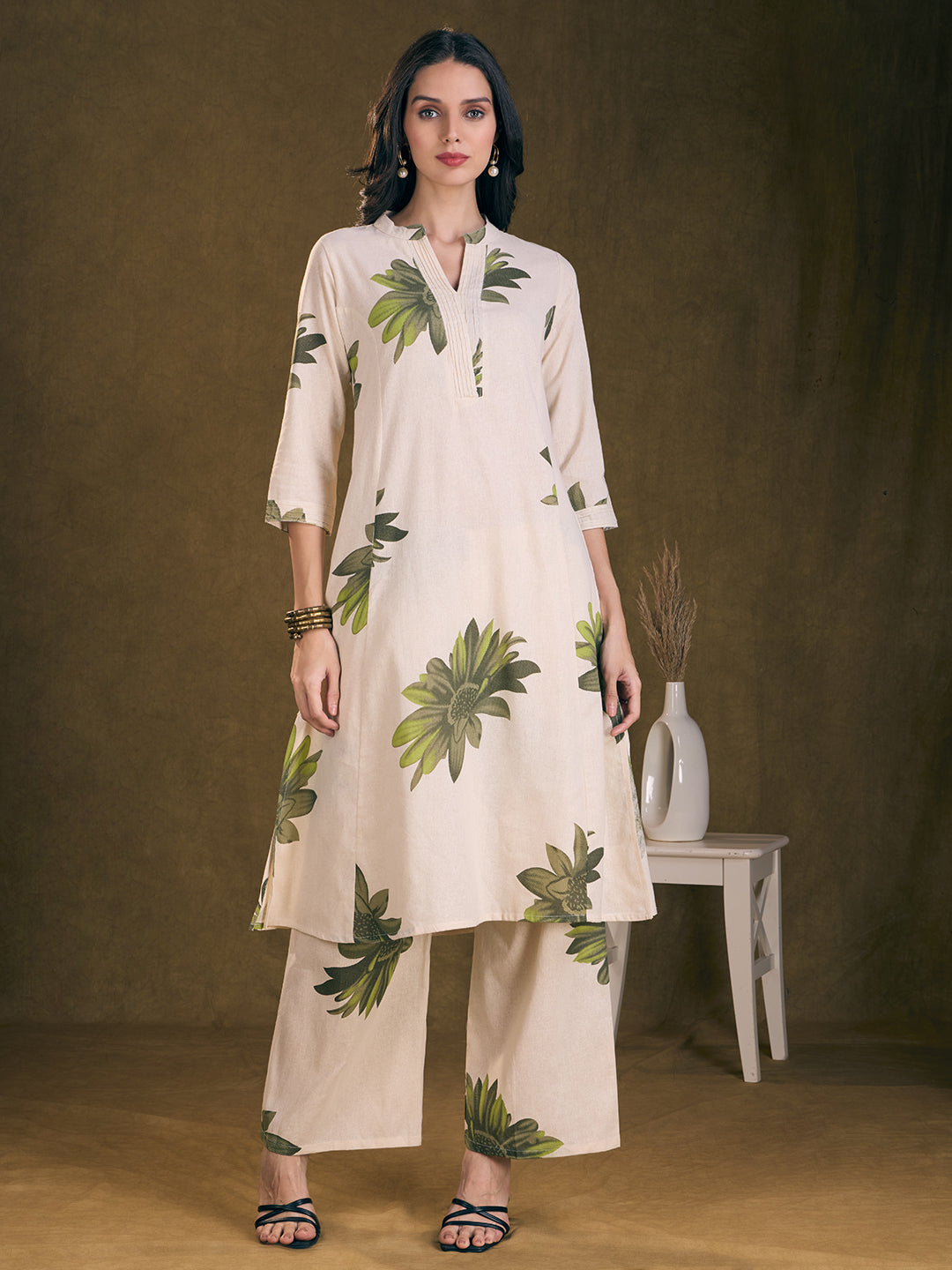 Modern Floral Printed A-Line Paneled Cotton Flax Co-ord Set - Off White