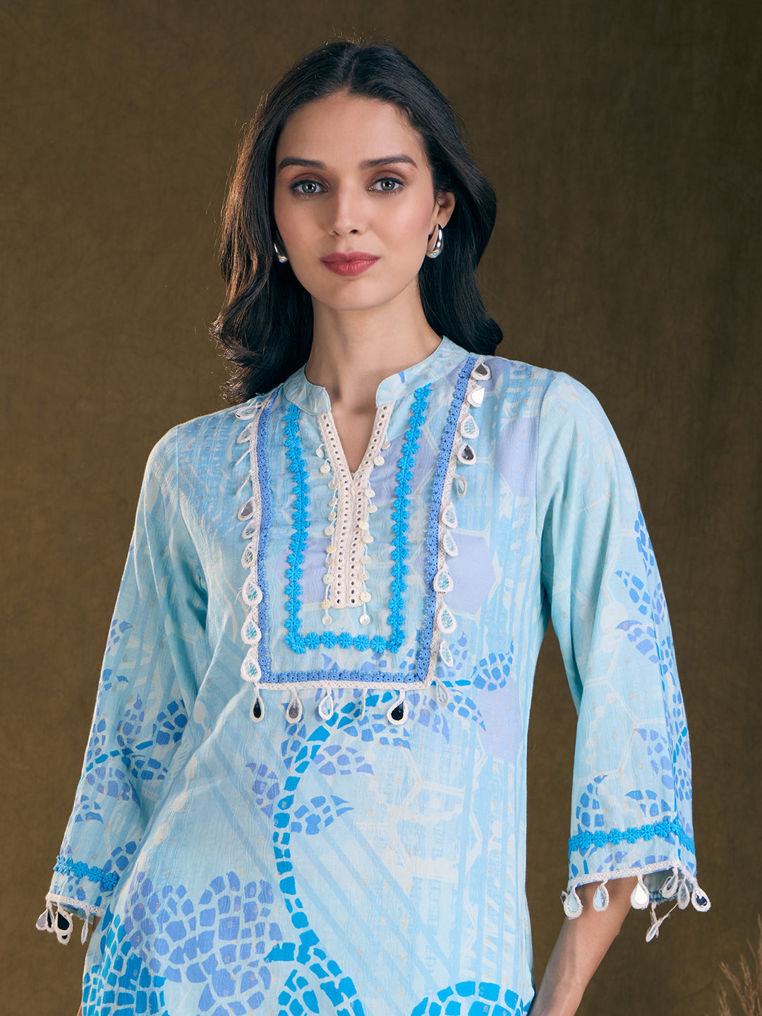 Ethnic Floral Printed Embroidered Straight Fit Kurta with Palazzo - Blue