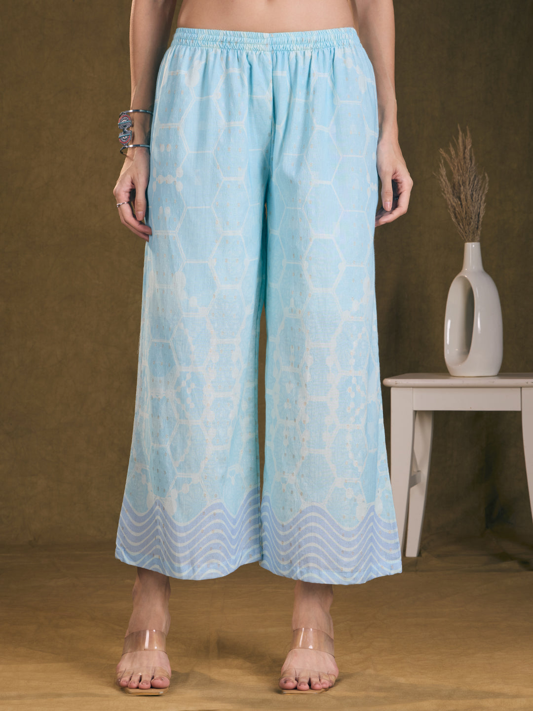 Ethnic Floral Printed Embroidered Straight Fit Kurta with Palazzo - Blue