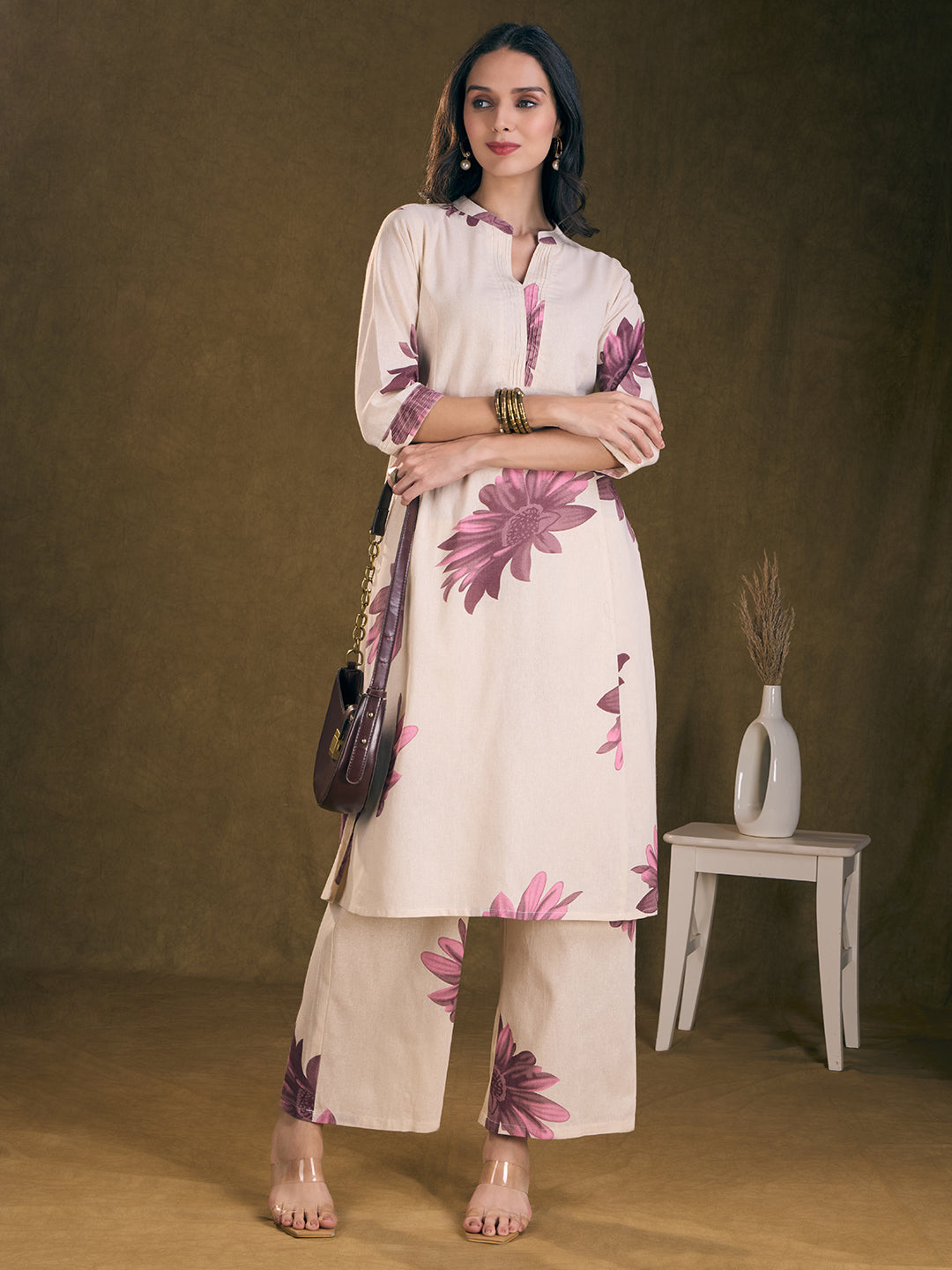 Modern Floral Printed A-Line Paneled Cotton Flax Co-ord Set - Off White