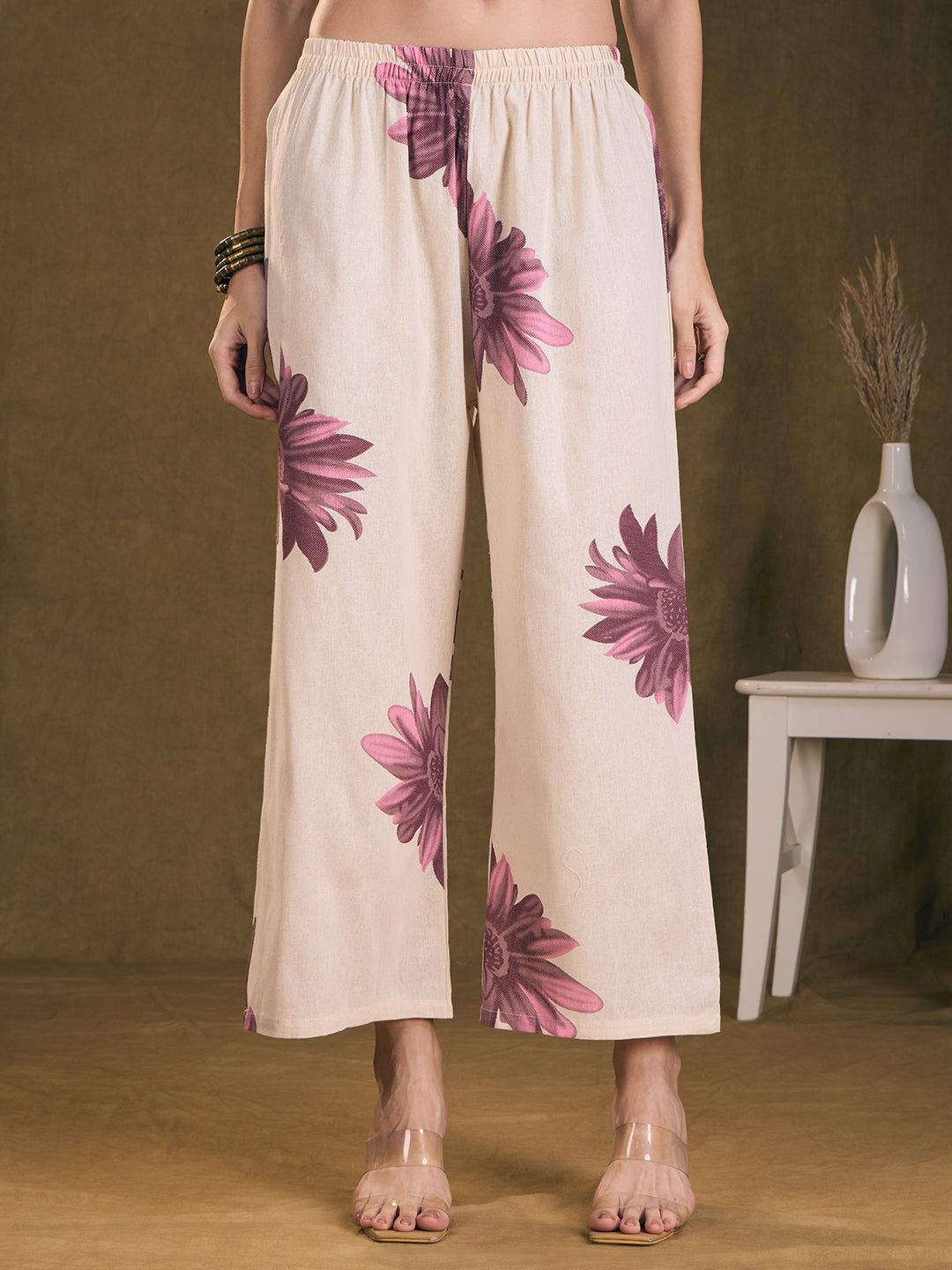 Modern Floral Printed A-Line Paneled Cotton Flax Co-ord Set - Off White