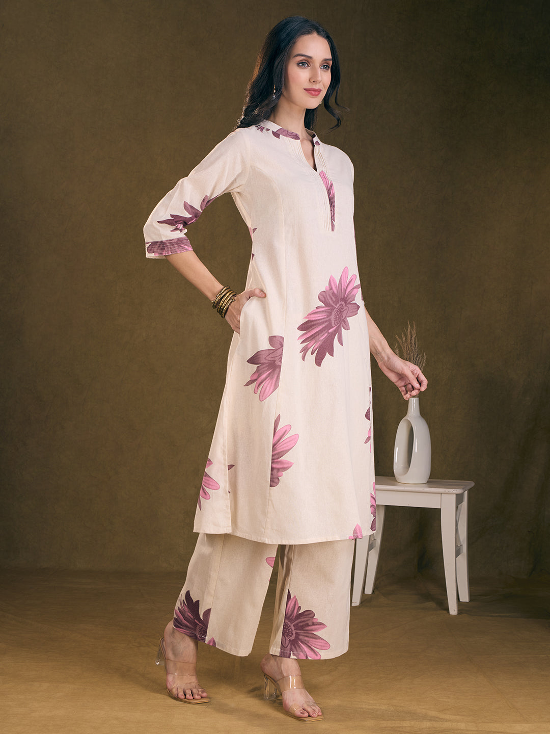 Modern Floral Printed A-Line Paneled Cotton Flax Co-ord Set - Off White