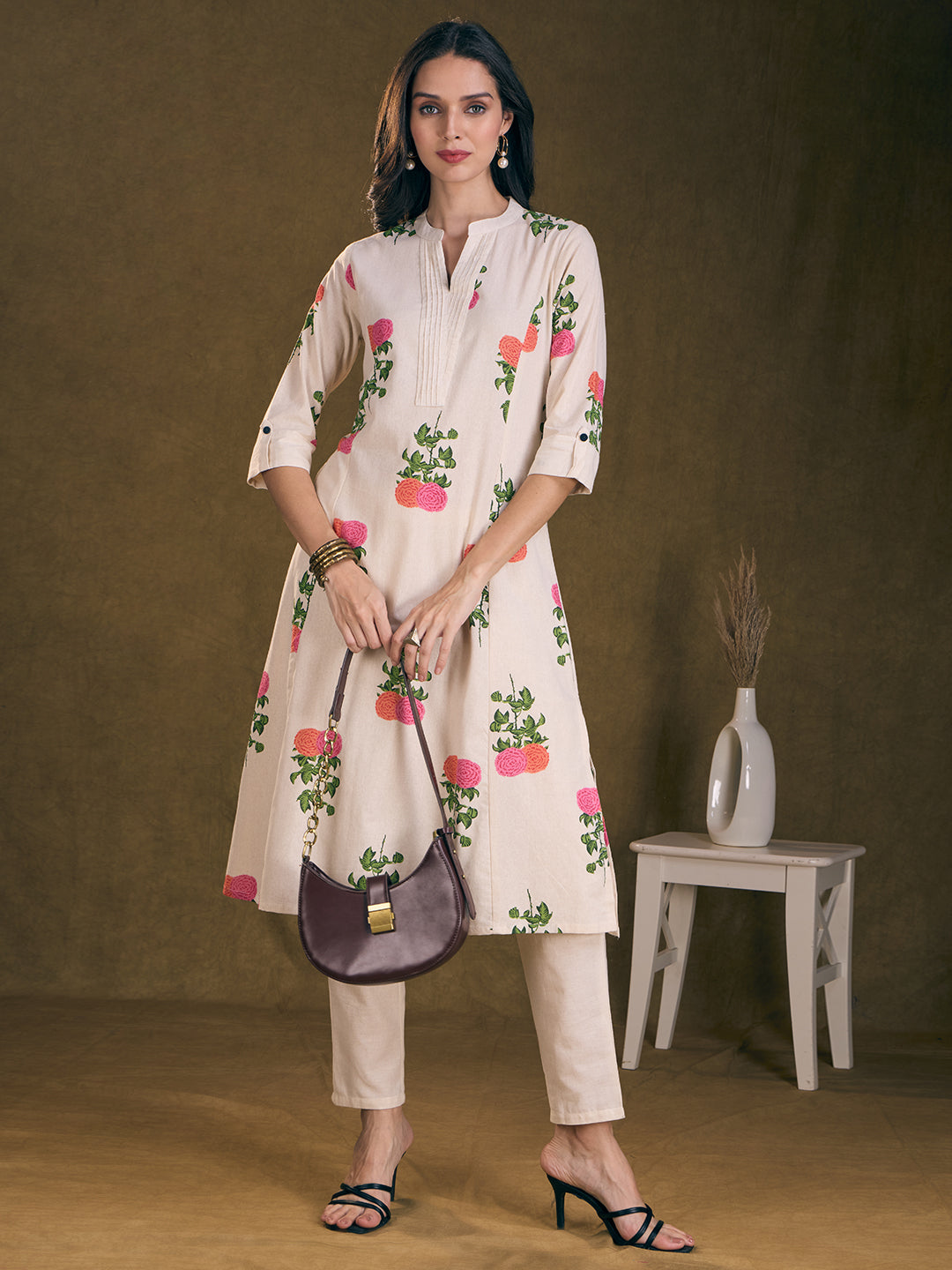 Ethnic Floral Printed A-Line Kurta with Pant - Off White