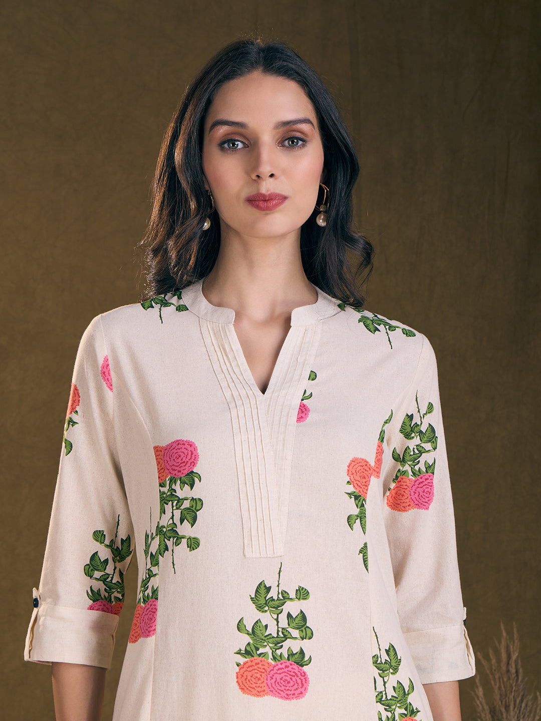 Ethnic Floral Printed A-Line Kurta with Pant - Off White