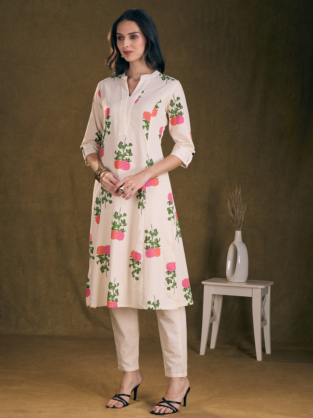 Ethnic Floral Printed A-Line Kurta with Pant - Off White