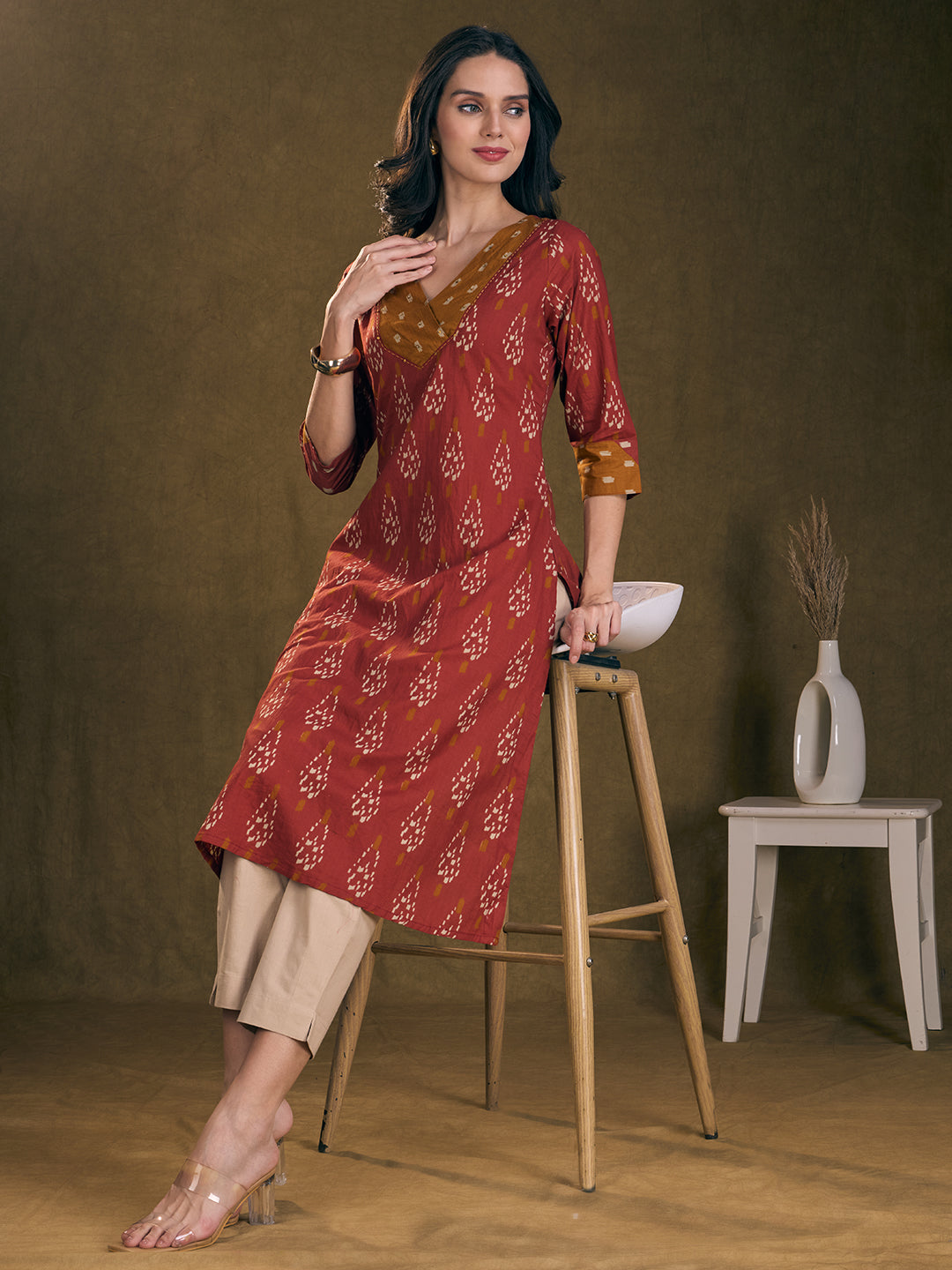 Ethnic Ikat Printed & Embroidered A-Line Kurta with Palazzo - Rust